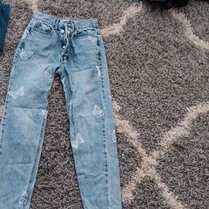 Pacsun Light Blue 90s Baggy Jeans (White Butterfly Print) (00/0)